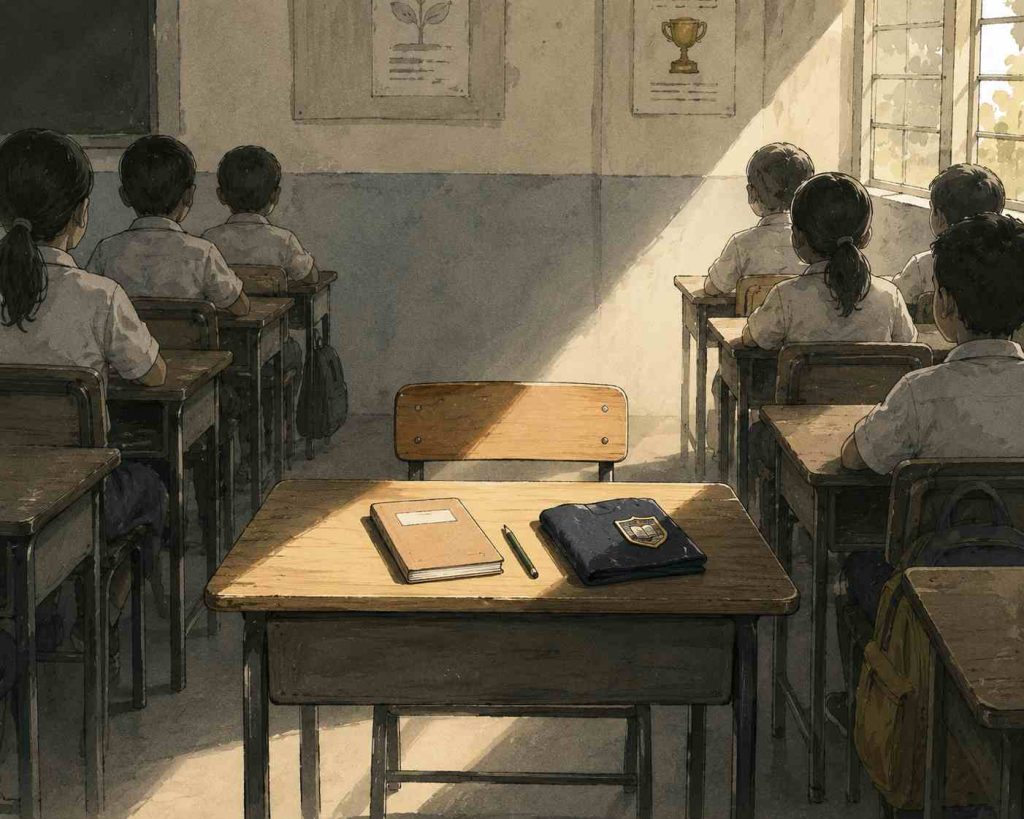 Empty desk in classroom sunlight