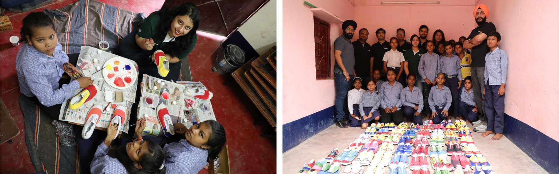 Black Rock employees paint shoes with Mission Education children